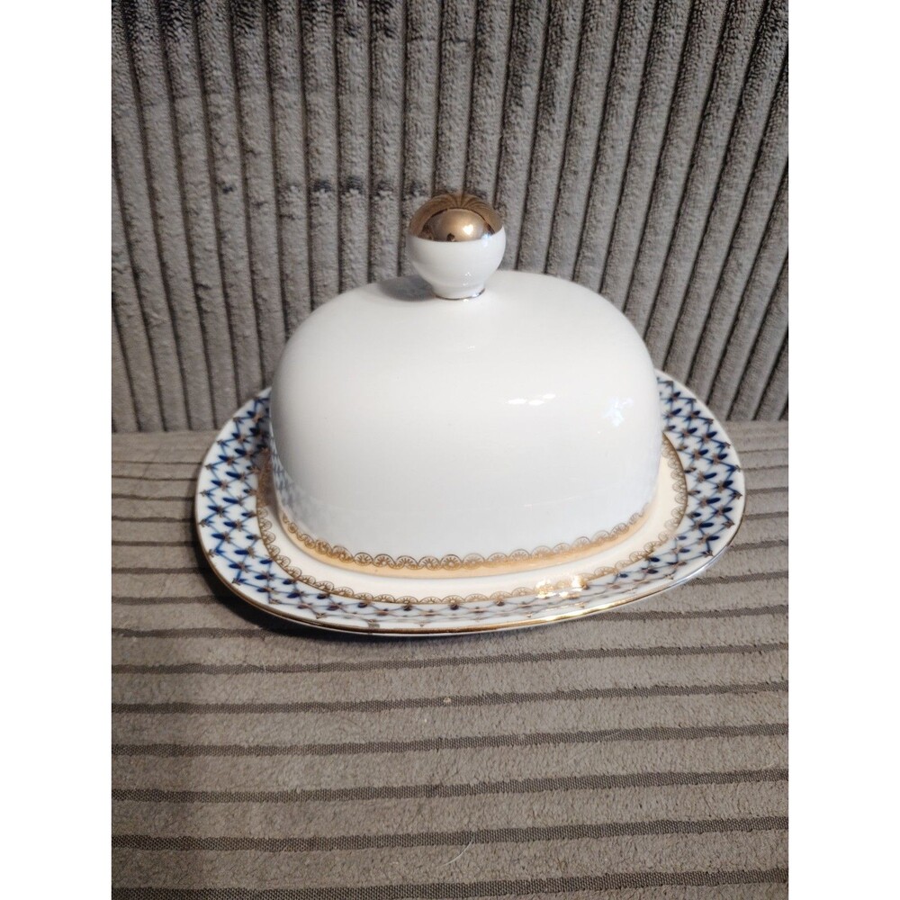 Russian Imperial Porcelain Lomonosov Cobalt Butter or cheese lidded dish
